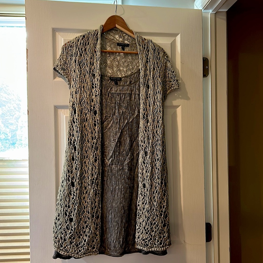 Eileen Fisher pewter silk dress and crochet cardigan set. Excellent condition.